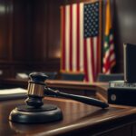 Flick International A gavel resting on a wooden bench symbolizing justice in a courtroom setting with an American flag in the background