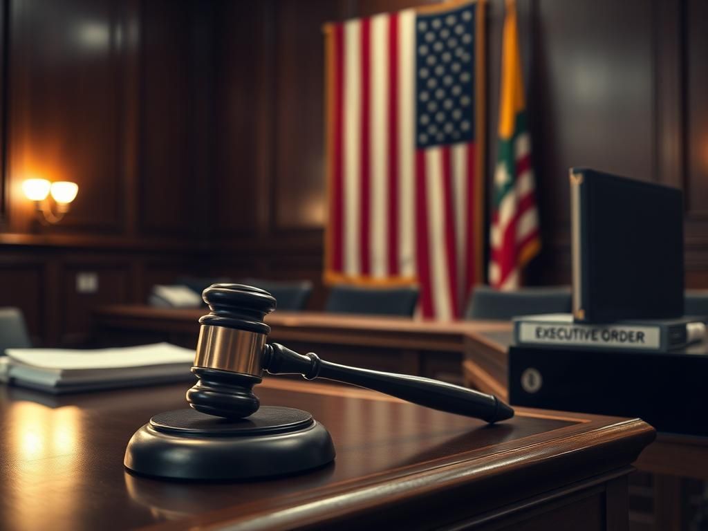 Flick International A gavel resting on a wooden bench symbolizing justice in a courtroom setting with an American flag in the background