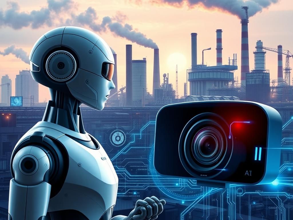 Flick International Dynamic digital collage of advanced AI technology in a modern industrial setting