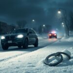 Flick International Abandoned handcuffs on a snowy street beside a black SUV, representing the investigation of Boston cop John O'Keefe's death