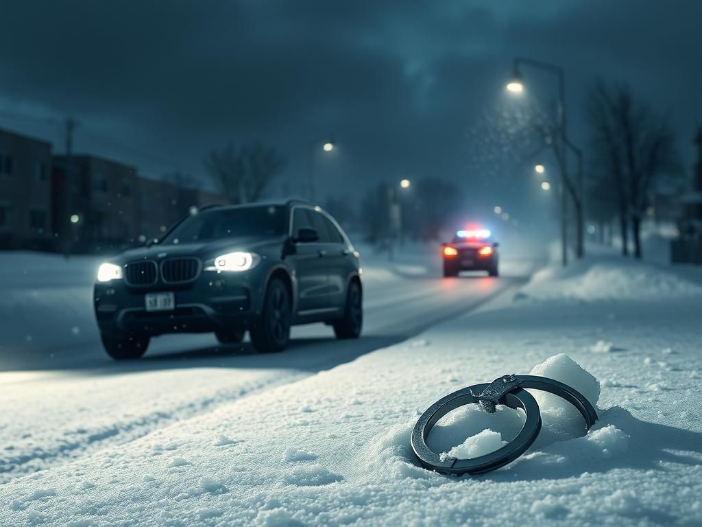 Flick International Abandoned handcuffs on a snowy street beside a black SUV, representing the investigation of Boston cop John O'Keefe's death