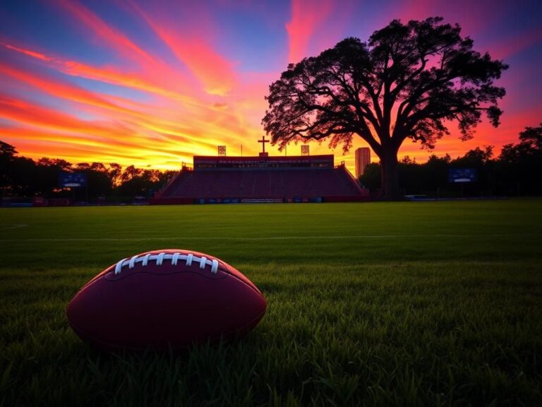 Flick International A serene landscape of Alabama Crimson Tide football stadium at sunset with a football in the foreground