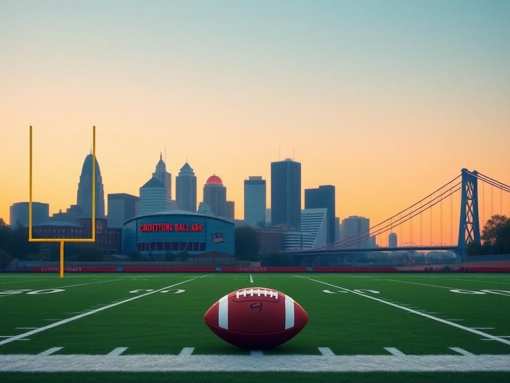 Flick International A stylized view of Cincinnati at sunset with the skyline, including Great American Ball Park and Roebling Bridge