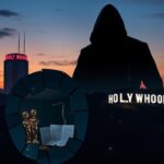 Flick International Dramatic Hollywood skyline at dusk with a cracked mirror reflecting awards symbolizing career destruction