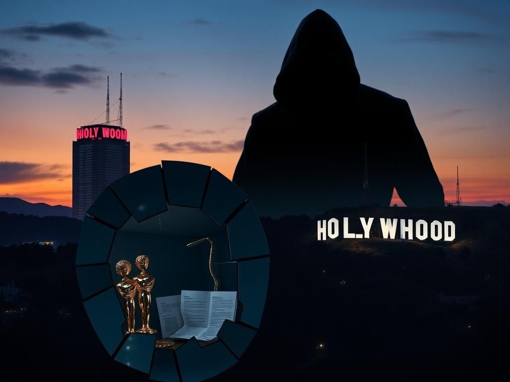 Flick International Dramatic Hollywood skyline at dusk with a cracked mirror reflecting awards symbolizing career destruction