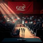 Flick International Empty town hall auditorium with overturned chairs and protest signs