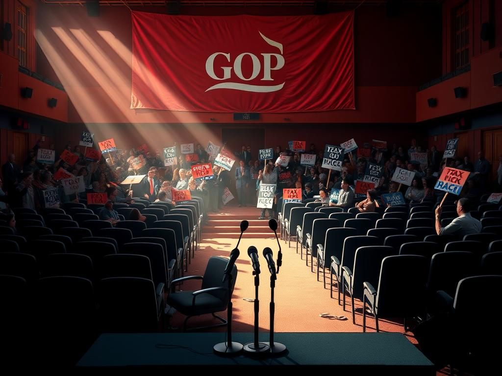 Flick International Empty town hall auditorium with overturned chairs and protest signs