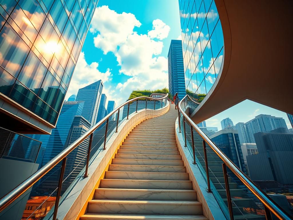 Flick International Dramatic view of a grand staircase in a modern high-rise building