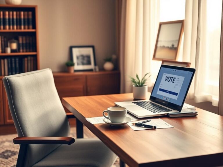 Flick International Cozy home office setting with a laptop displaying a voting interface