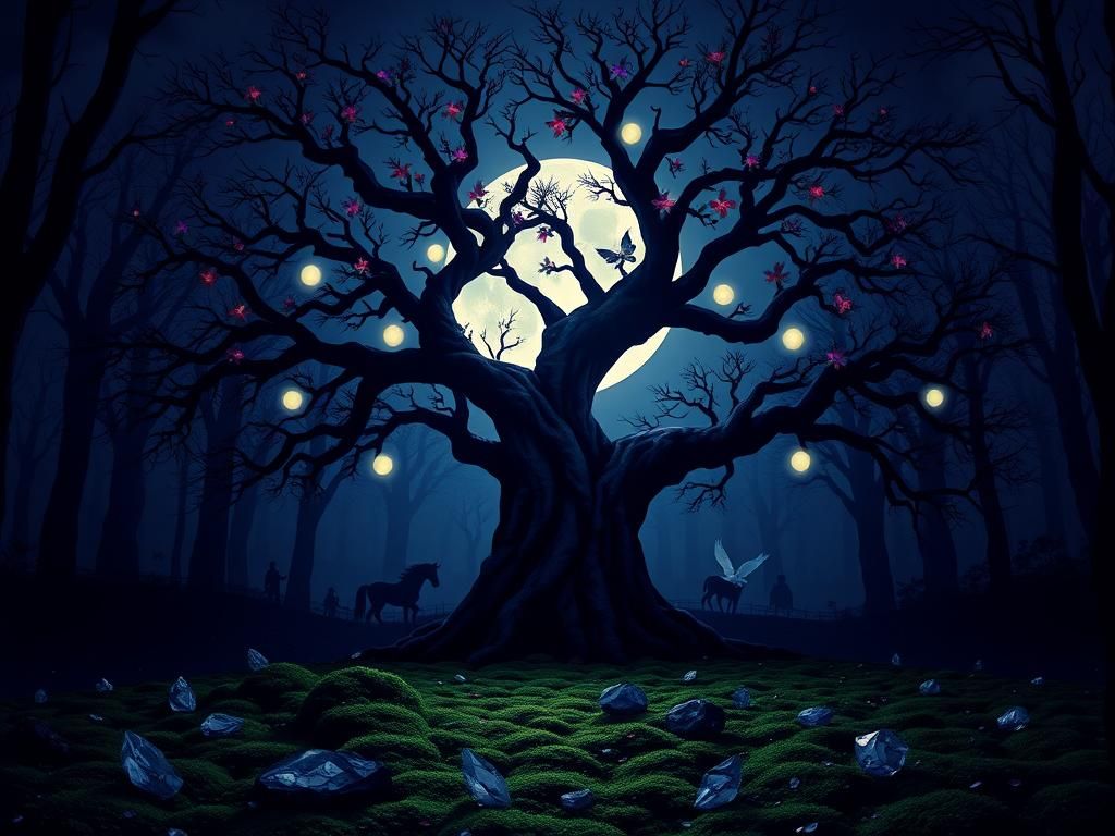 Flick International Majestic oak tree in an enchanted forest under a luminous full moon