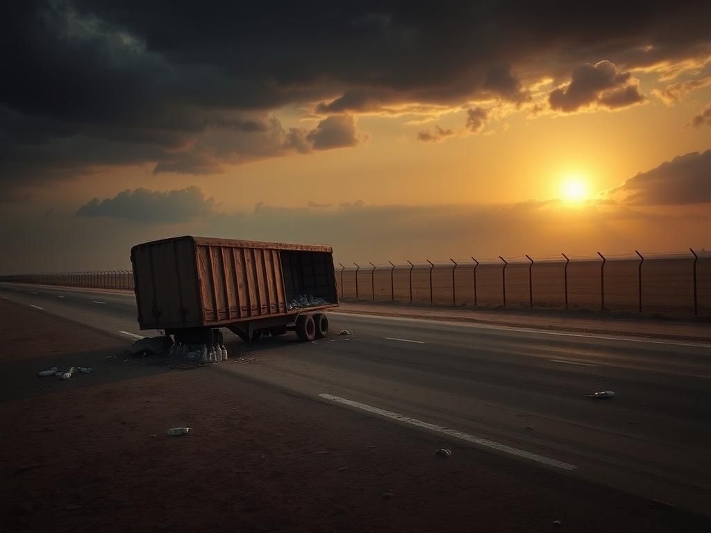 Flick International Abandoned tractor trailer on a deserted road symbolizing human smuggling tragedy