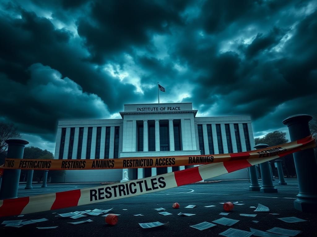 Flick International Dramatic view of the Institute of Peace under a stormy sky with barricades