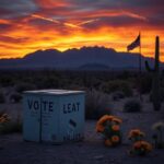 Flick International Weathered ballot box surrounded by wildflowers in the Arizona border landscape