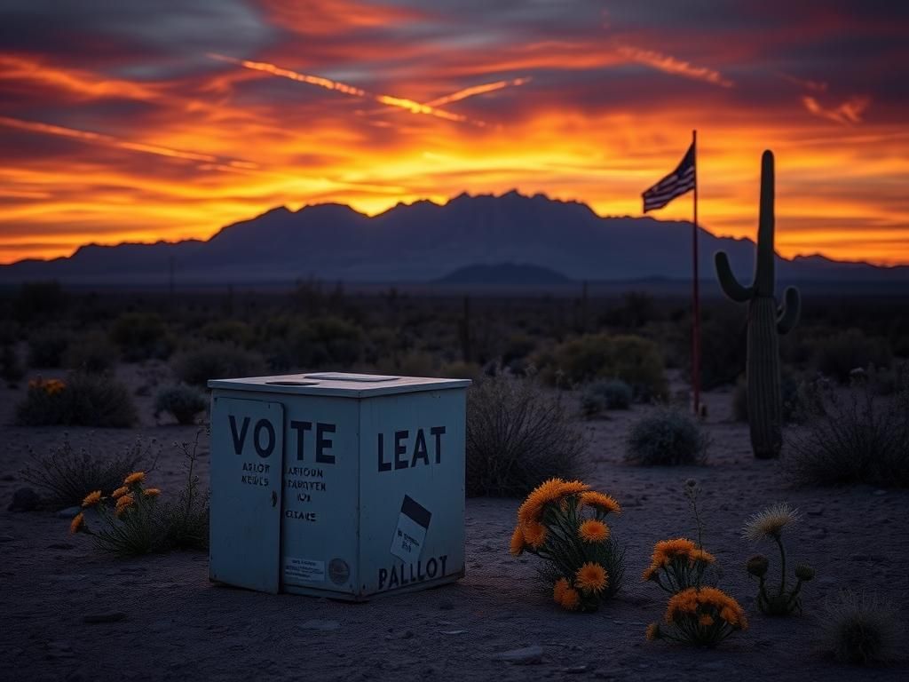 Flick International Weathered ballot box surrounded by wildflowers in the Arizona border landscape