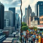 Flick International A divided cityscape illustrating the rift within the Democratic Party