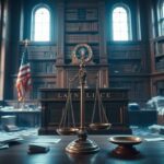 Flick International Dramatic courtroom scene with a large wooden bench and gavel symbolizing justice