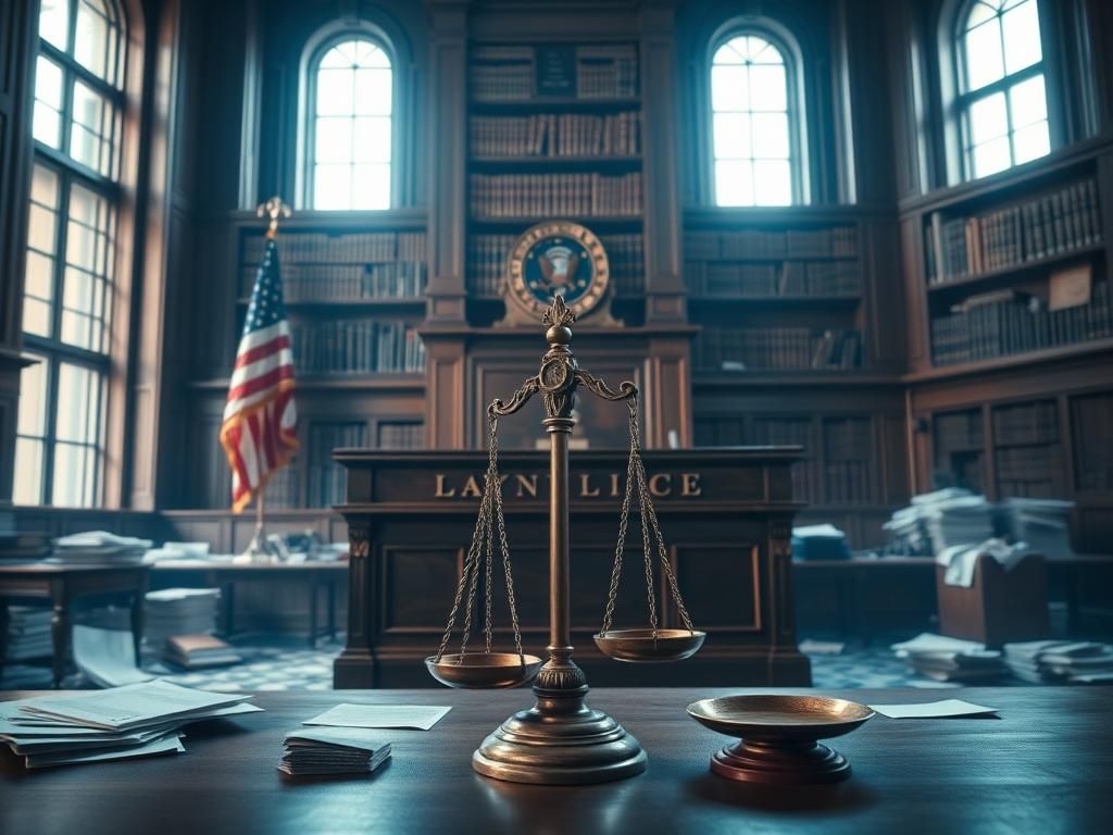 Flick International Dramatic courtroom scene with a large wooden bench and gavel symbolizing justice