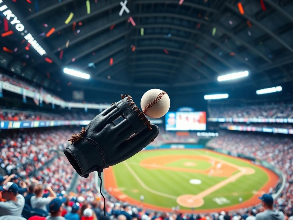 Flick International Max Muncy reaching for a foul ball in the stands at the Tokyo Dome, with Rodney Peete catching it.