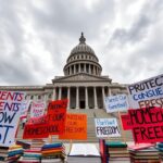 Flick International Wide-angle view of the Illinois State Capitol with protest signs advocating for homeschooling rights