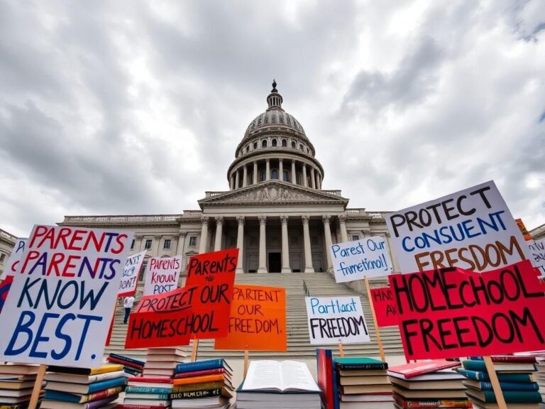 Flick International Wide-angle view of the Illinois State Capitol with protest signs advocating for homeschooling rights