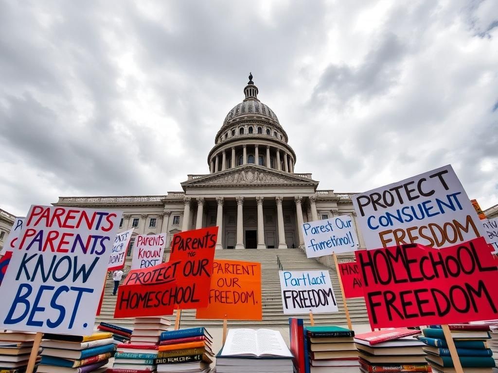 Flick International Wide-angle view of the Illinois State Capitol with protest signs advocating for homeschooling rights