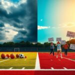 Flick International A divided athletic field symbolizing the conflict over trans athletes in girls' sports with traditional equipment on one side and protest signs on the other.