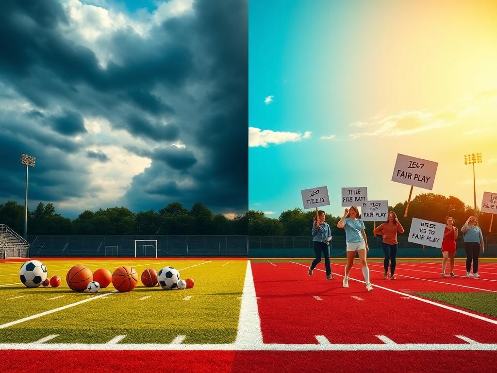 Flick International A divided athletic field symbolizing the conflict over trans athletes in girls' sports with traditional equipment on one side and protest signs on the other.