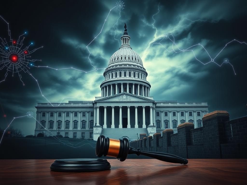 Flick International Dramatic representation of a congressional building with a gavel and digital network motifs