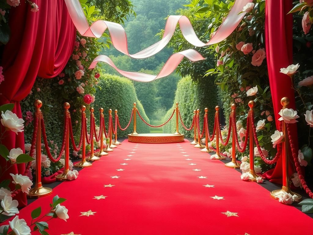 Flick International Opulent red carpet winding through a lush green garden symbolizing Hollywood glamour and natural beauty.