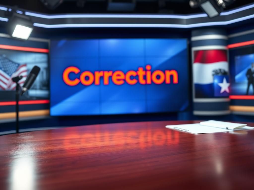 Flick International News studio setting with a large illuminated screen displaying the word 'Correction' in bold red letters