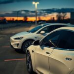 Flick International Damaged white Tesla in a dimly lit Costco parking lot due to vandalism