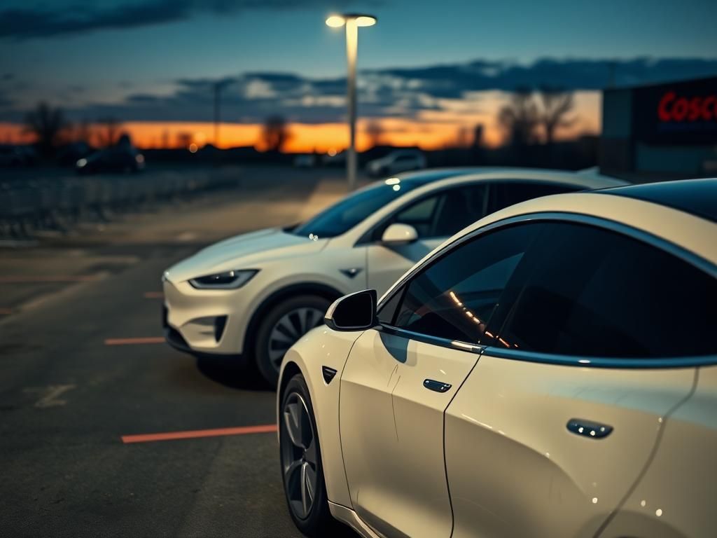 Flick International Damaged white Tesla in a dimly lit Costco parking lot due to vandalism