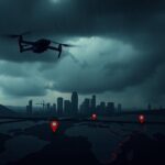 Flick International silhouette of a military drone flying over a shadowy city skyline