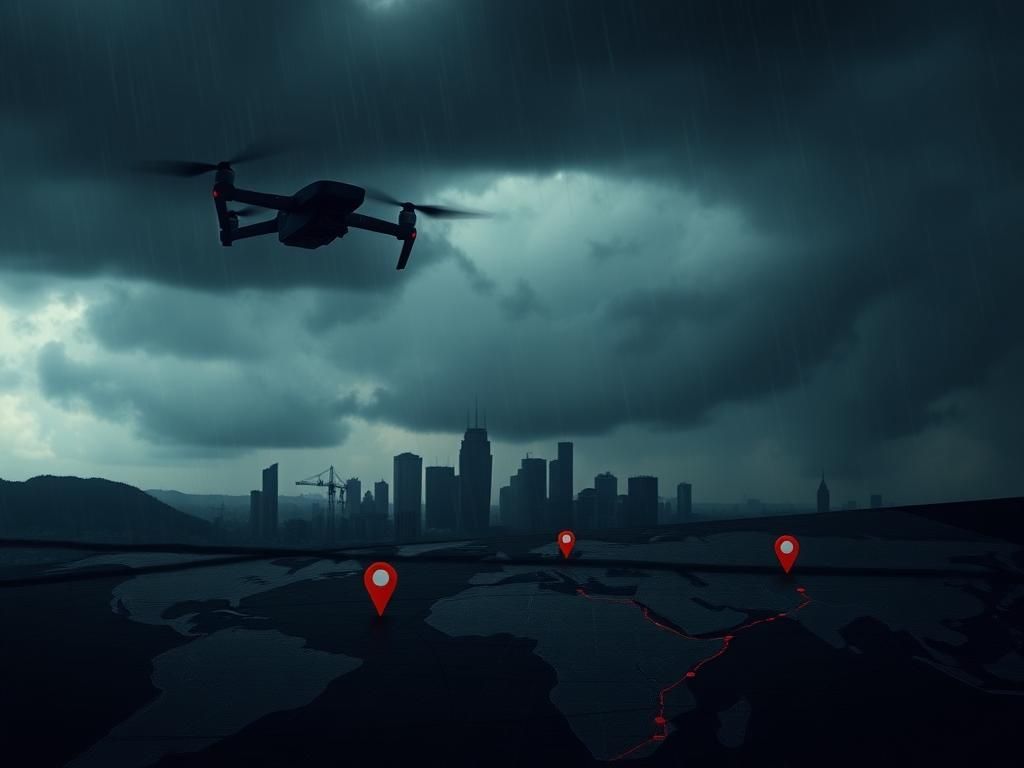 Flick International silhouette of a military drone flying over a shadowy city skyline