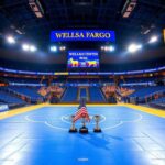 Flick International Empty wrestling mat illuminated in Wells Fargo Center with Philadelphia skyline in the background