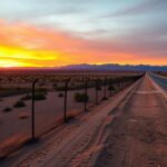 Flick International Wide shot of the U.S.-Mexico border landscape during sunset with a chain-link fence