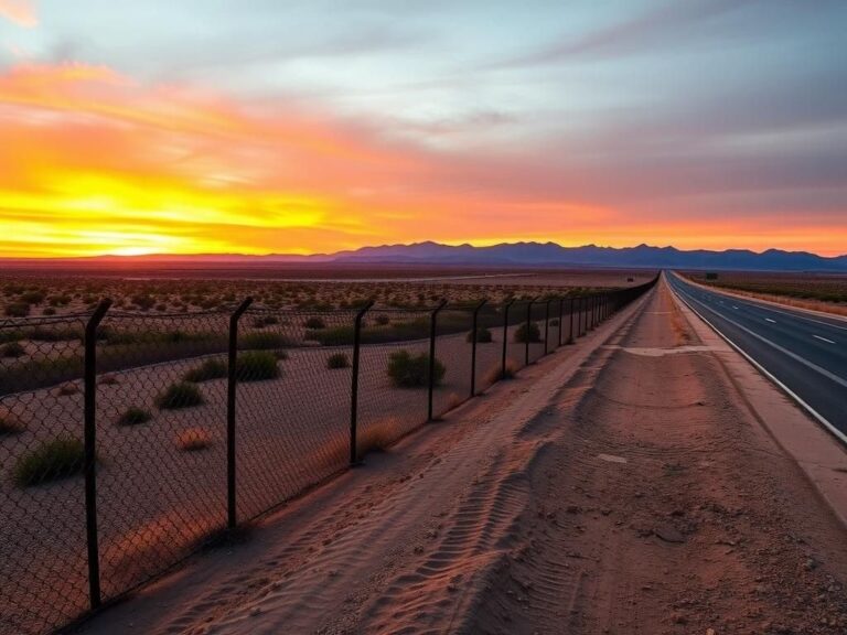 Flick International Wide shot of the U.S.-Mexico border landscape during sunset with a chain-link fence