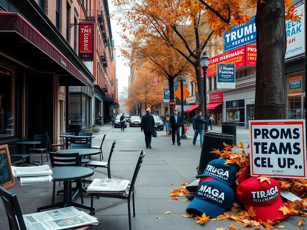 Flick International A bustling urban scene in Philadelphia showcasing vibrant café culture and political tension