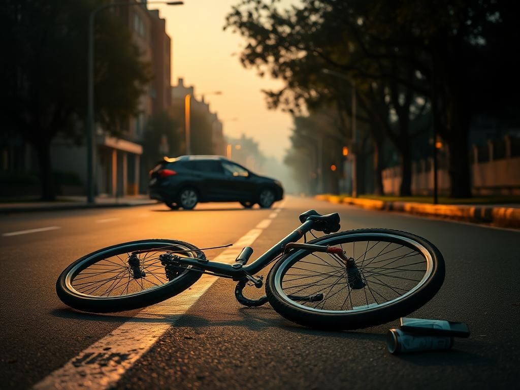 Flick International Empty bicycle lane at dawn with a neglected bike symbolizing tragedy