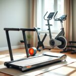 Flick International A bright home workout space featuring a compact folding treadmill, exercise bike, ab roller, push-up board, and mini stair-stepper.