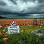 Flick International Fenced poultry farm in Mississippi with thousands of chickens under dark storm clouds