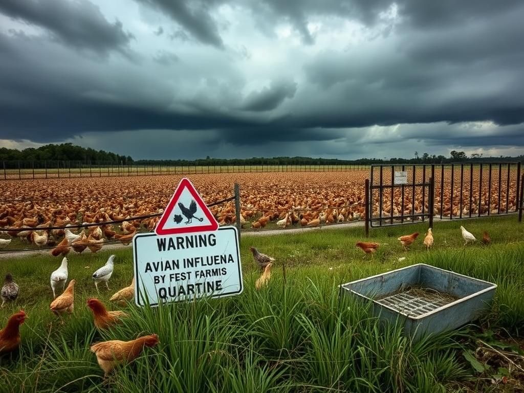 Flick International Fenced poultry farm in Mississippi with thousands of chickens under dark storm clouds