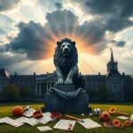 Flick International A university campus featuring a dilapidated lion statue amidst legal documents and sports equipment under dark clouds representing Title IX tensions