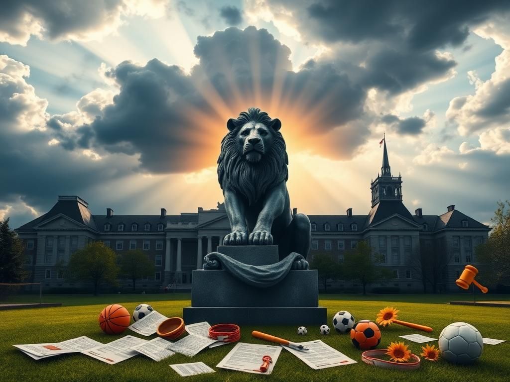 Flick International A university campus featuring a dilapidated lion statue amidst legal documents and sports equipment under dark clouds representing Title IX tensions