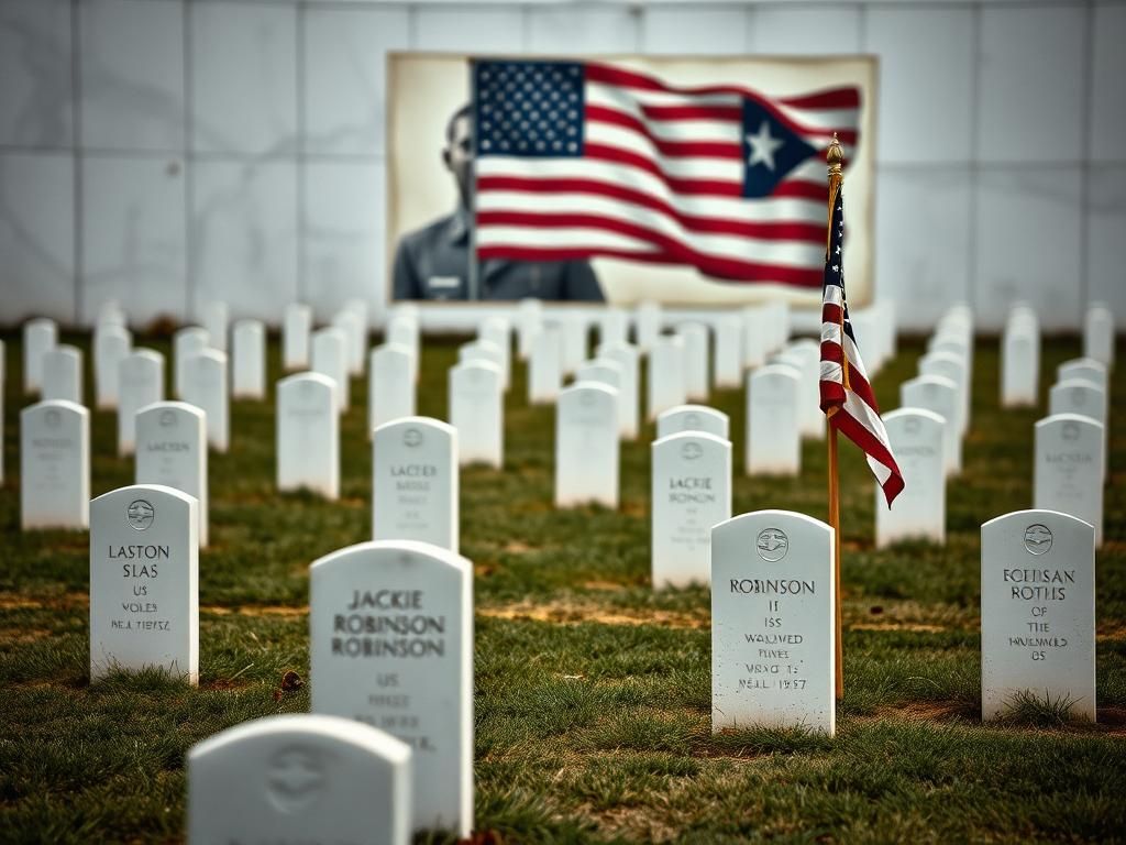 Flick International Military cemetery with American flag and Jackie Robinson mural