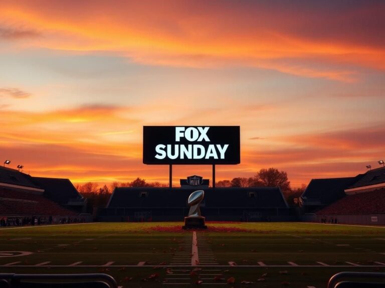 Flick International A serene sunset over a football stadium with empty bleachers and illuminated field