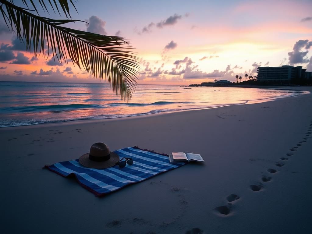 Flick International Serene beach scene at dusk in Punta Cana, depicting calm waves and a silhouette of a resort