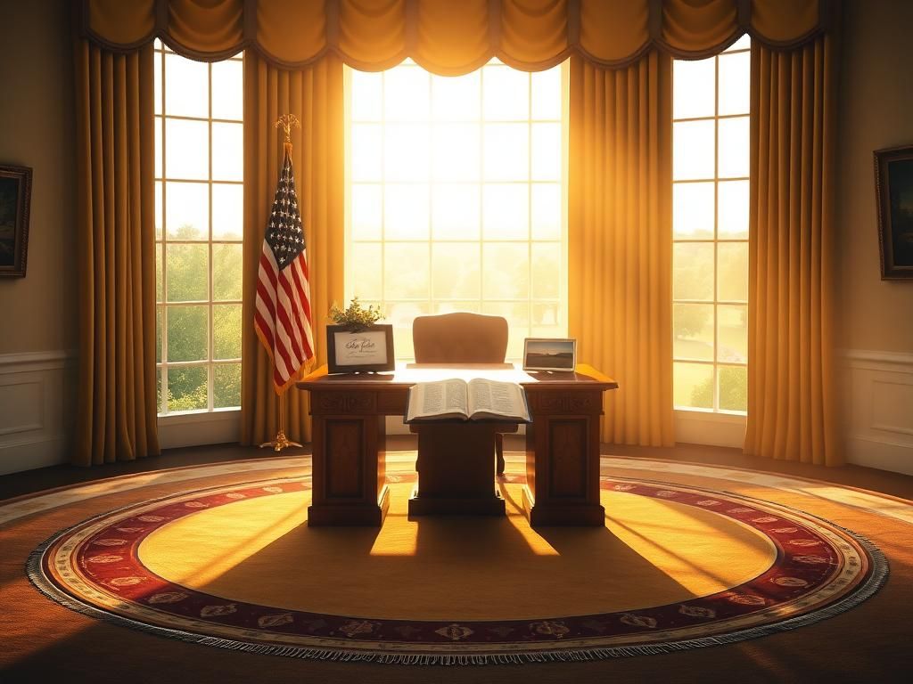 Flick International Serene depiction of the Oval Office featuring the Resolute Desk and symbols of faith.