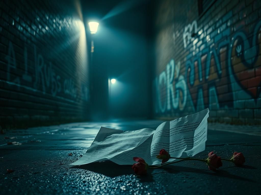 Flick International A dimly lit urban alley at night with a crumpled piece of paper hinting at a sinister plan