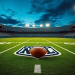 Flick International Empty football field illuminated by stadium lights, with NFL logos and fresh yard lines